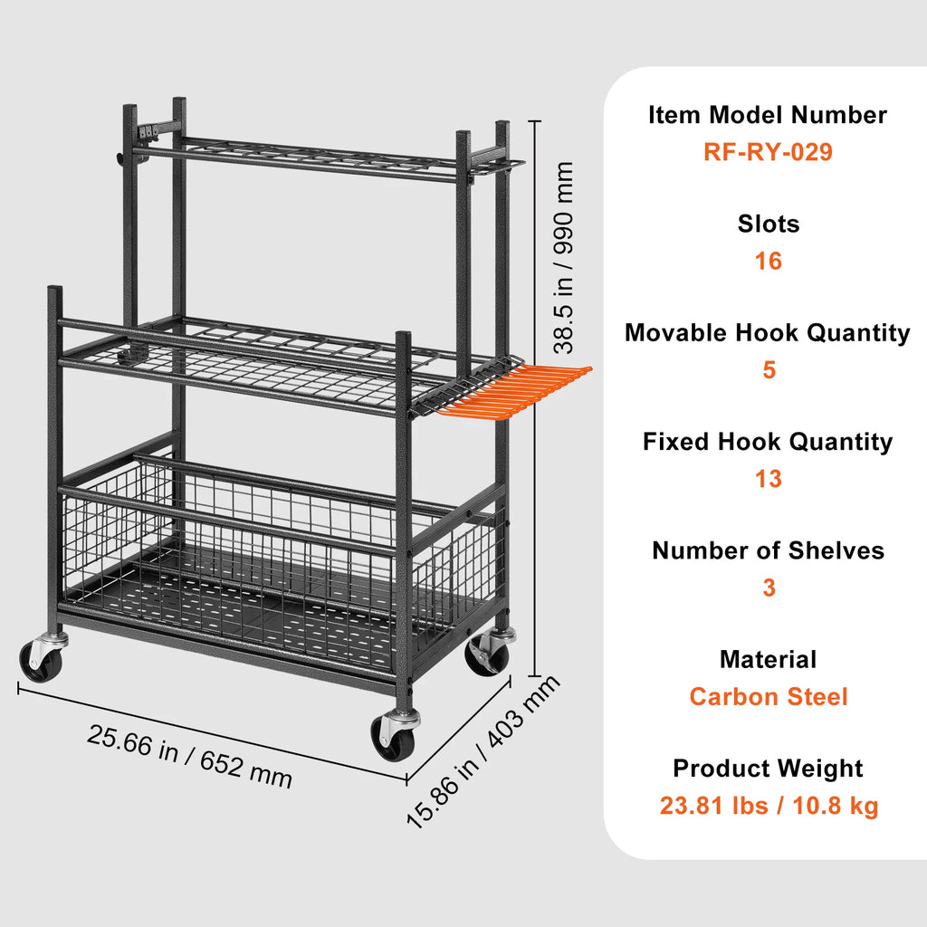 SucceBuy garden tool organizer rack with wheels and 16 slots