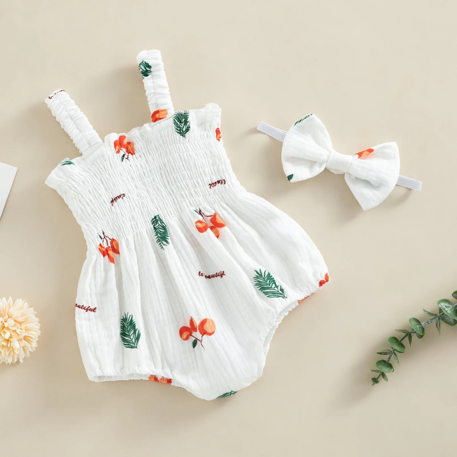 Baby Girl Cherry Print Romper with Matching Headband Summer Set