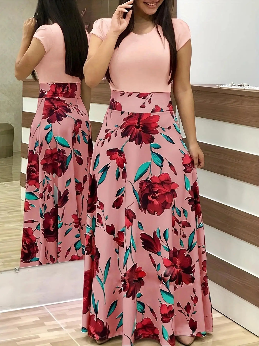 2024 European and American style flower print color matching short sleeved dress for women's large swing skirt TAVEN System LLC