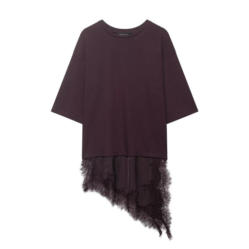 Women Asymmetric Lace Trim T-Shirt Loose Casual Summer Half Sleeve TAVEN System LLC