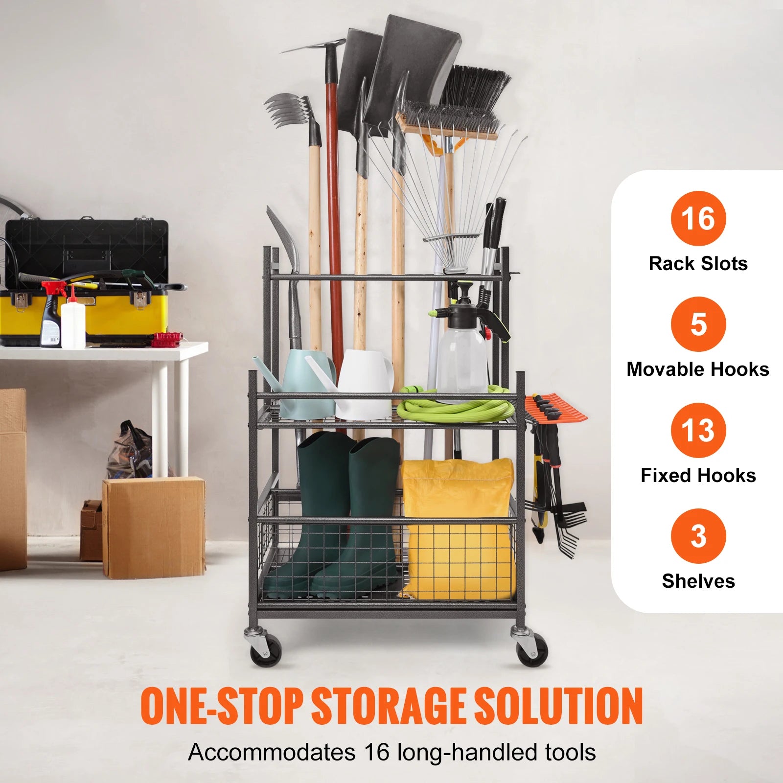 SucceBuy garden tool organizer rack with wheels and 16 slots