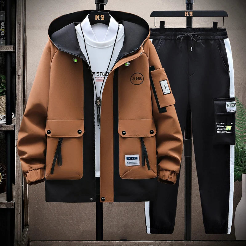Men Hooded Tracksuit Set Autumn Casual Jacket Pants Sportswear Outfit