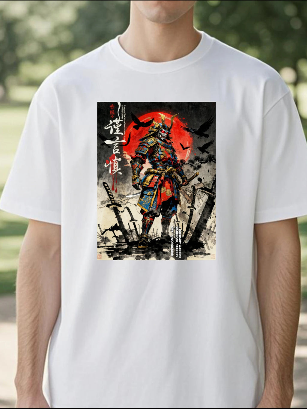 100% pure cotton short sleeved T-shirt Samurai Warrior Standing With Sword Red Moon Background Japanese Calligraphy Artwork Traditional Style Design Easy to wear and match, comfortable and fashionable, suitable for all season TAVEN System LLC