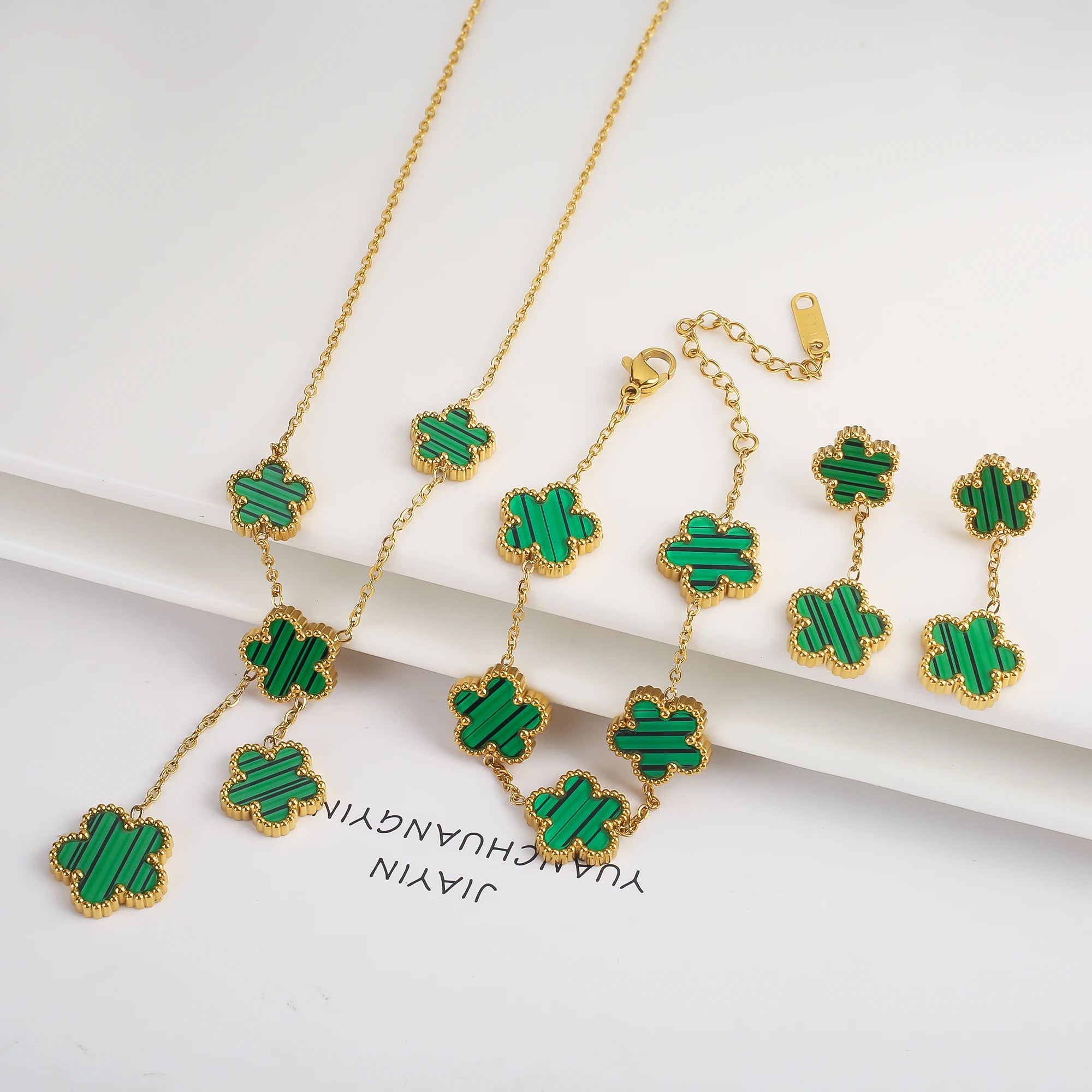 3Pcs 18k Gold-Plated Five-Leaf Flower Necklace Earrings Bracelet Jewelry Set for Woman Fashion Party Jewelry Daily Wear Clover TAVEN System LLC