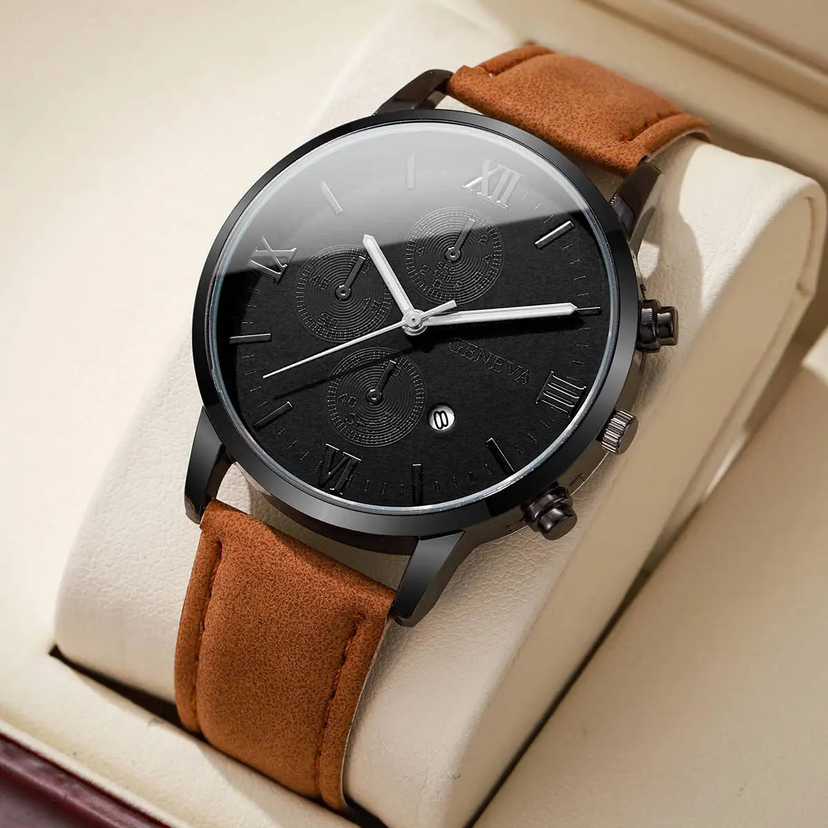 Fashion Roma Dial Men's Watch Casual Leather Strap Men Business Watches Analog Quartz Wristwatches with Calendar（Without Box） - TAVEN System LLC