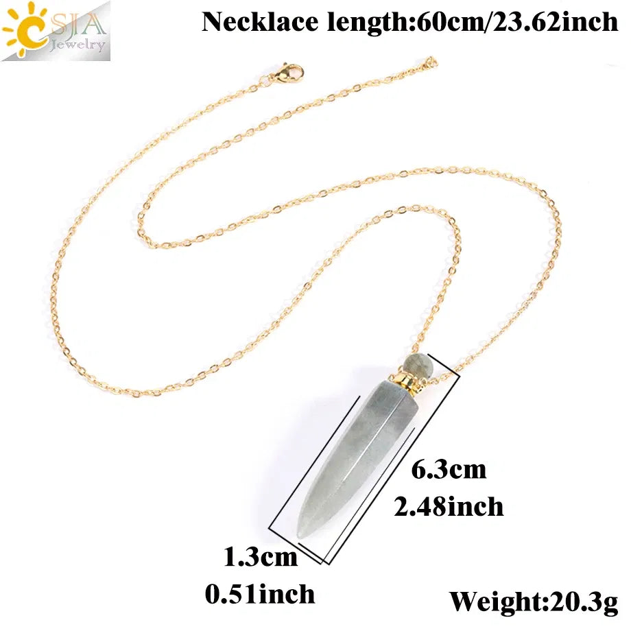 Metal color: Antique Bronze Plated - CSJA Crystal Perfume Bottle Women Necklace Natural Stone Hexagonal Cone Pendant Reiki Oil Diffuser Necklaces Christmas Gift H358 Taven