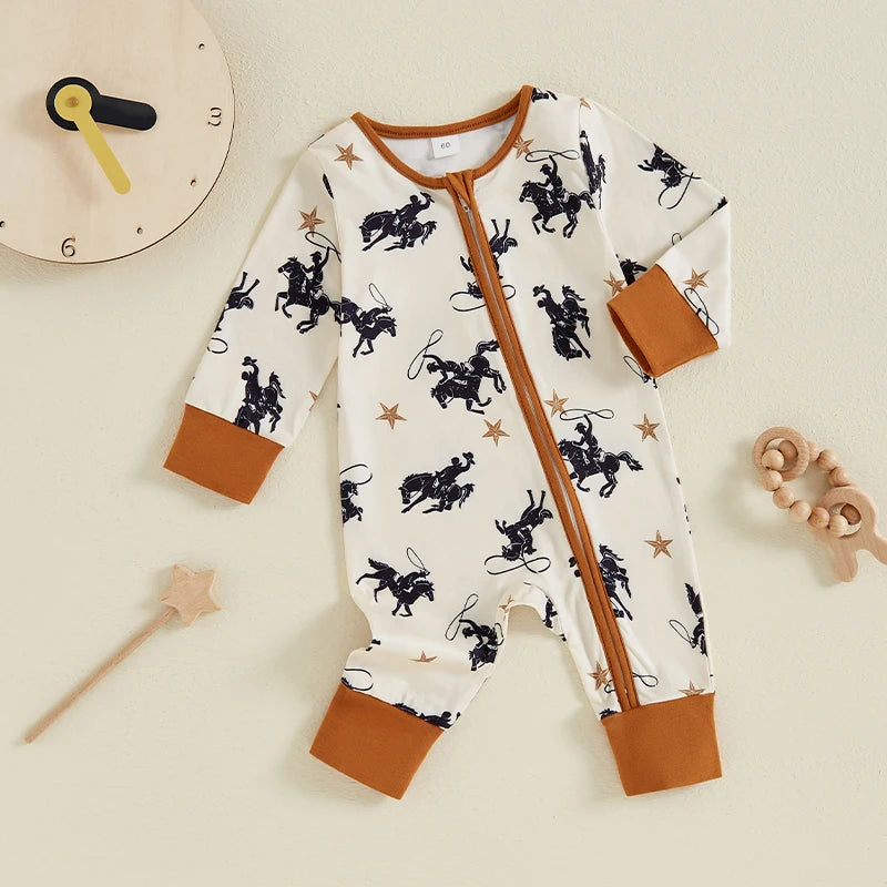 Baby Boy Western Cowboy Print Long Sleeve Zipper Romper Outfit