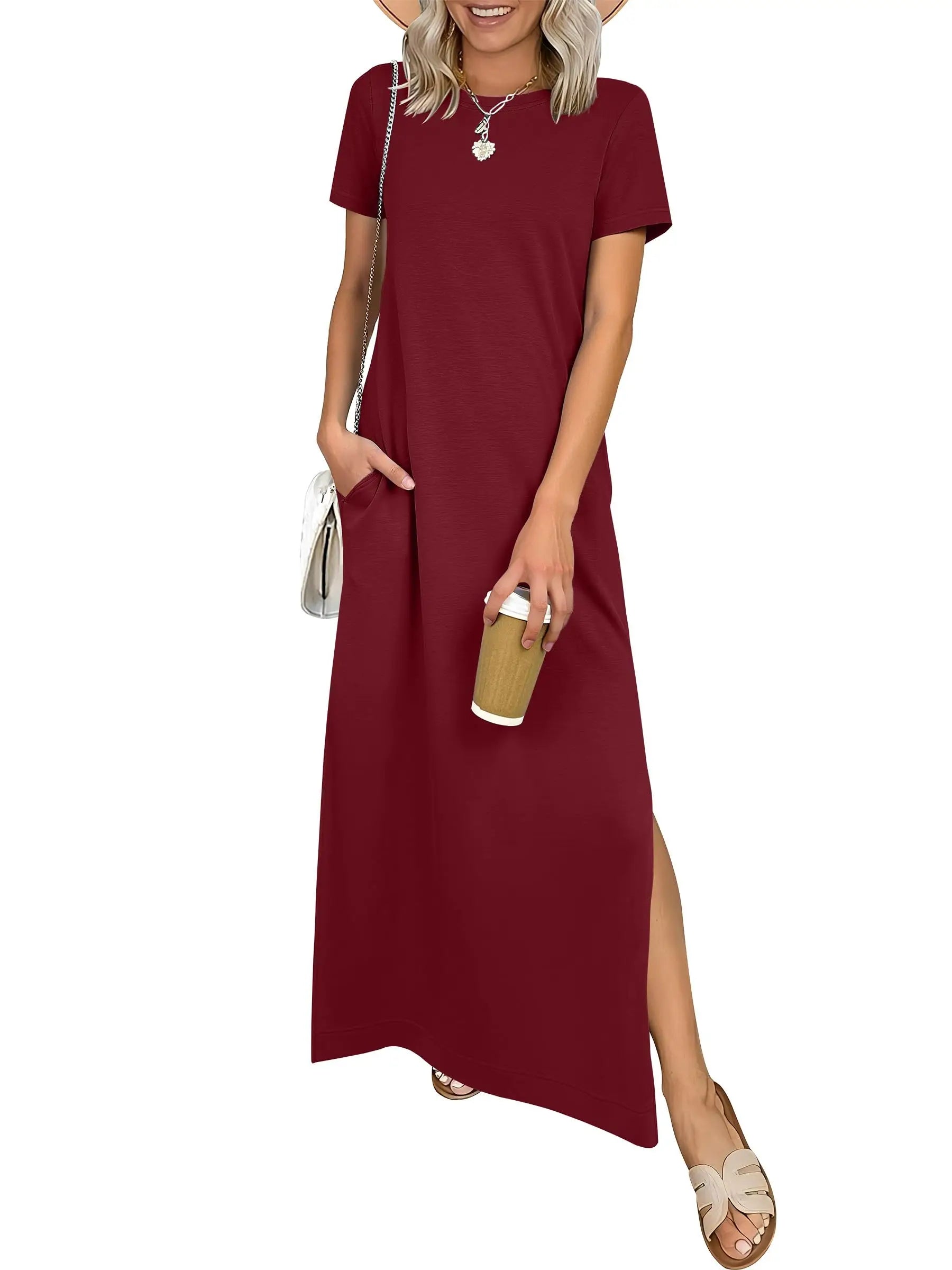 Women Short Sleeve Maxi Dress Crew Neck Side Split Casual Loose Dress