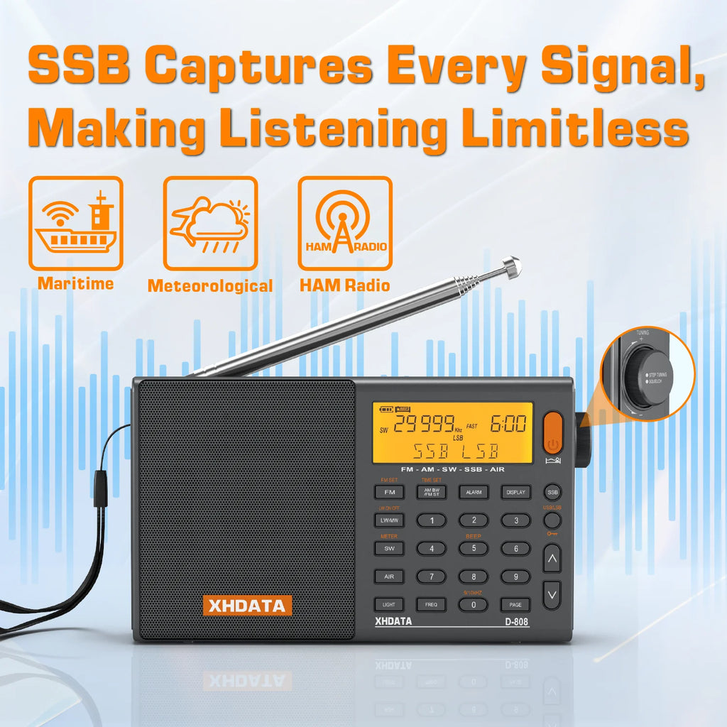 XHDATA D808 Professional AM FM SW MW AIR SSB RDS Radio Long Range Reception Portable Rechargeable Multiband Radio Stereo Sound TAVEN System LLC