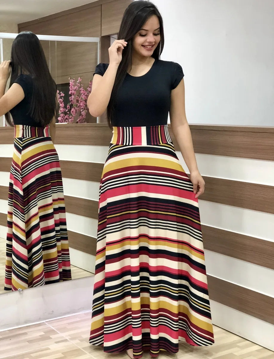 2024 European and American style flower print color matching short sleeved dress for women's large swing skirt TAVEN System LLC