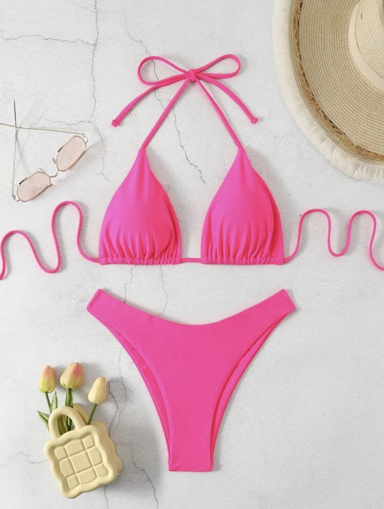 2025 Women White Bikini Chest Padded New Sexy Halter Bikini Two-Piece Set With Drawstring Straps Solid Brazilian Bathing Suit TAVEN System LLC