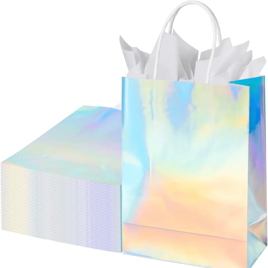 15pcs Reusable Laser Iridescent Holographic Glossy Paper Gift Bags with Sturdy Handles - Rainbow Gradient Colors for Graduation, Wedding, Baby Shower, Birthday, Disco Party - Goodie Bags Bulk Pack, Reusable Gift Bags, Event F TAVEN System LLC
