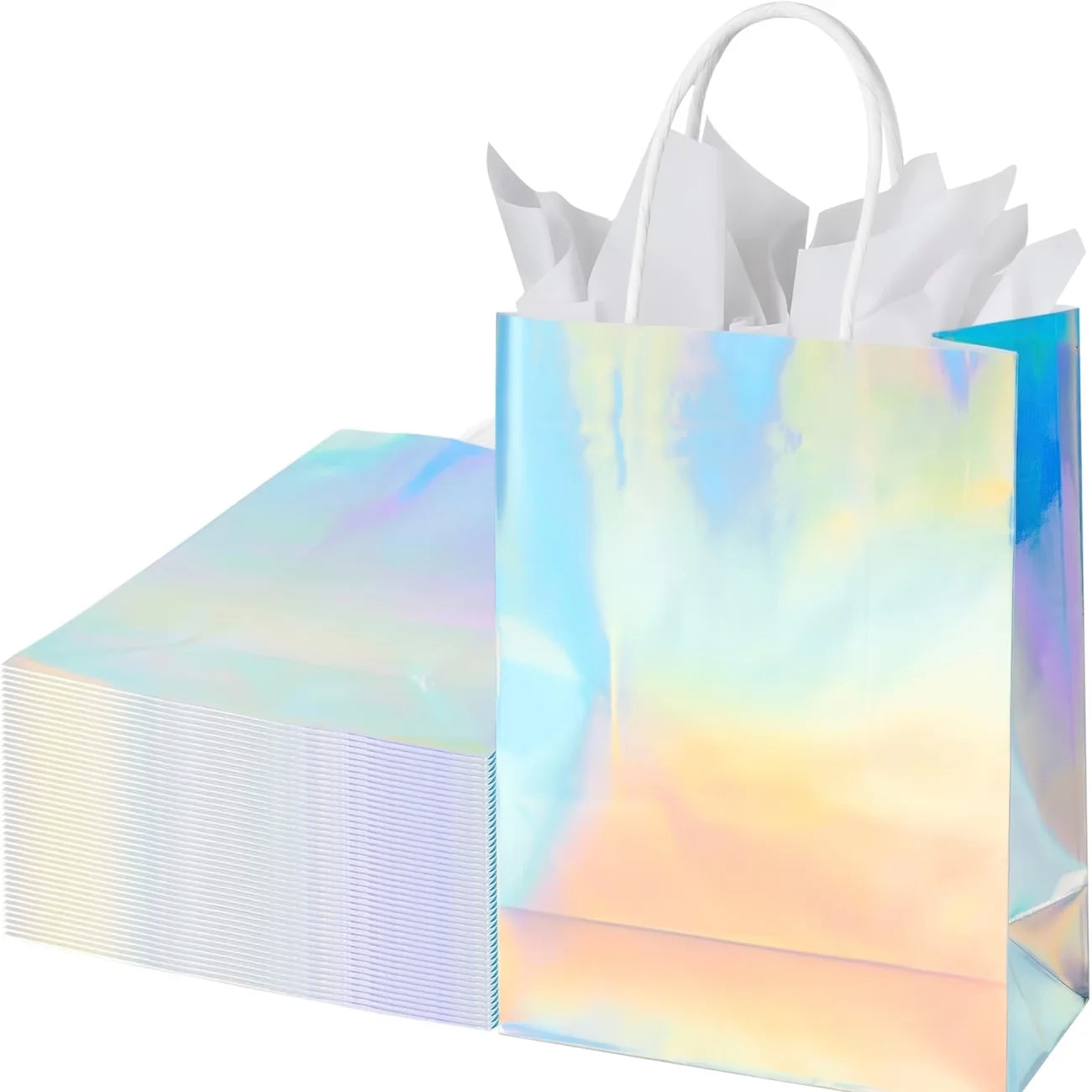 15pcs Reusable Laser Iridescent Holographic Glossy Paper Gift Bags with Sturdy Handles - Rainbow Gradient Colors for Graduation, Wedding, Baby Shower, Birthday, Disco Party - Goodie Bags Bulk Pack, Reusable Gift Bags, Event F TAVEN System LLC