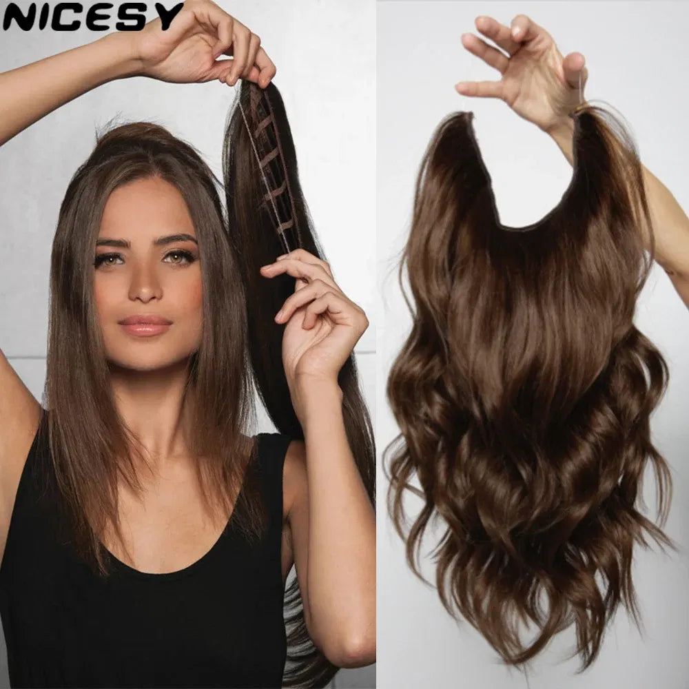 Color: T1B/613, Stretched Length: 22inches, Ships From: CHINA - Synthetic Natural Wavy No Clip Fish Line Invisible Hair Extensions Mixed Color Blonde Black Artificial False Hair Piece ForWomen Taven