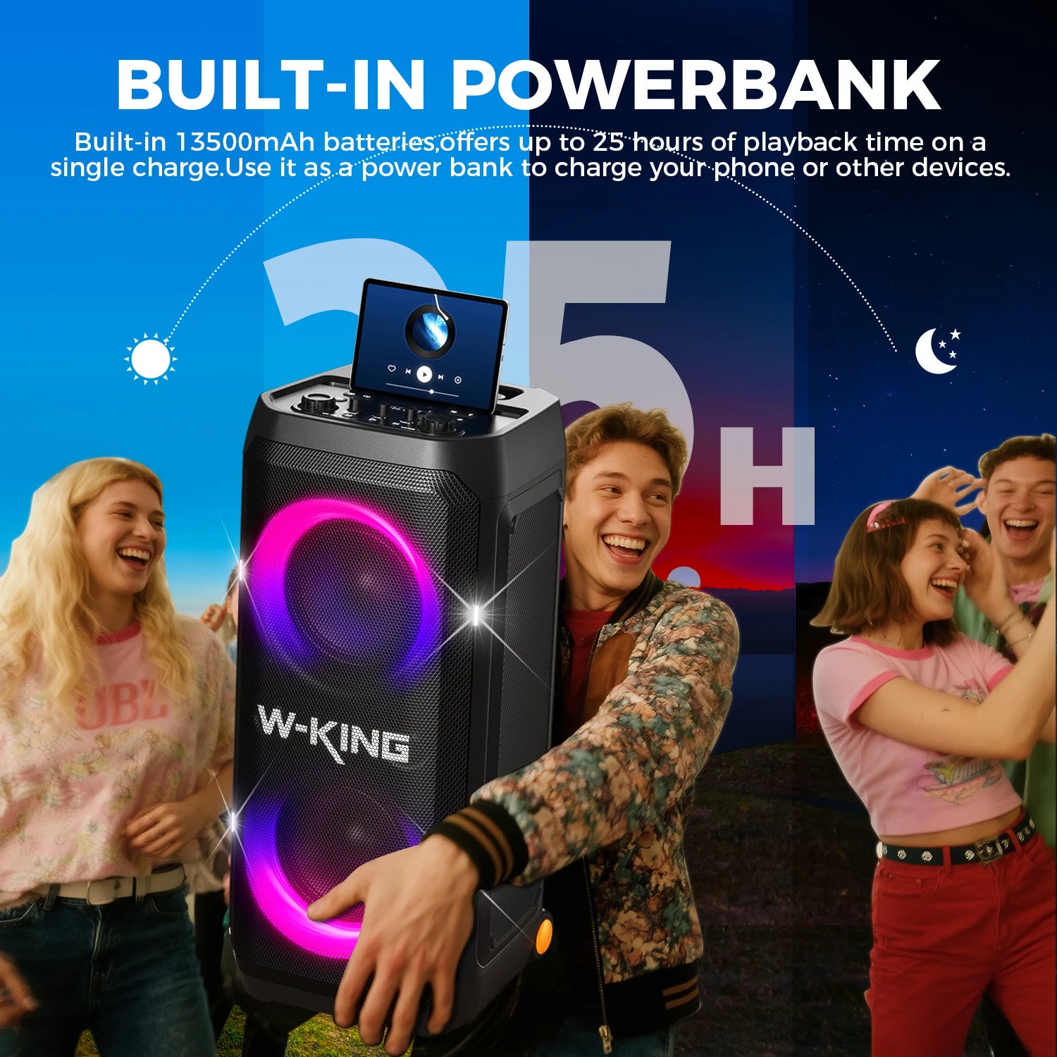 W-KING T12 Tragbare Bluetooth-Lautsprecher-Box mit 370W MAX Pro Sound, Lichtshow, CSB, Bass Boost, Rollen und Teleskopgriff TAVEN System LLC