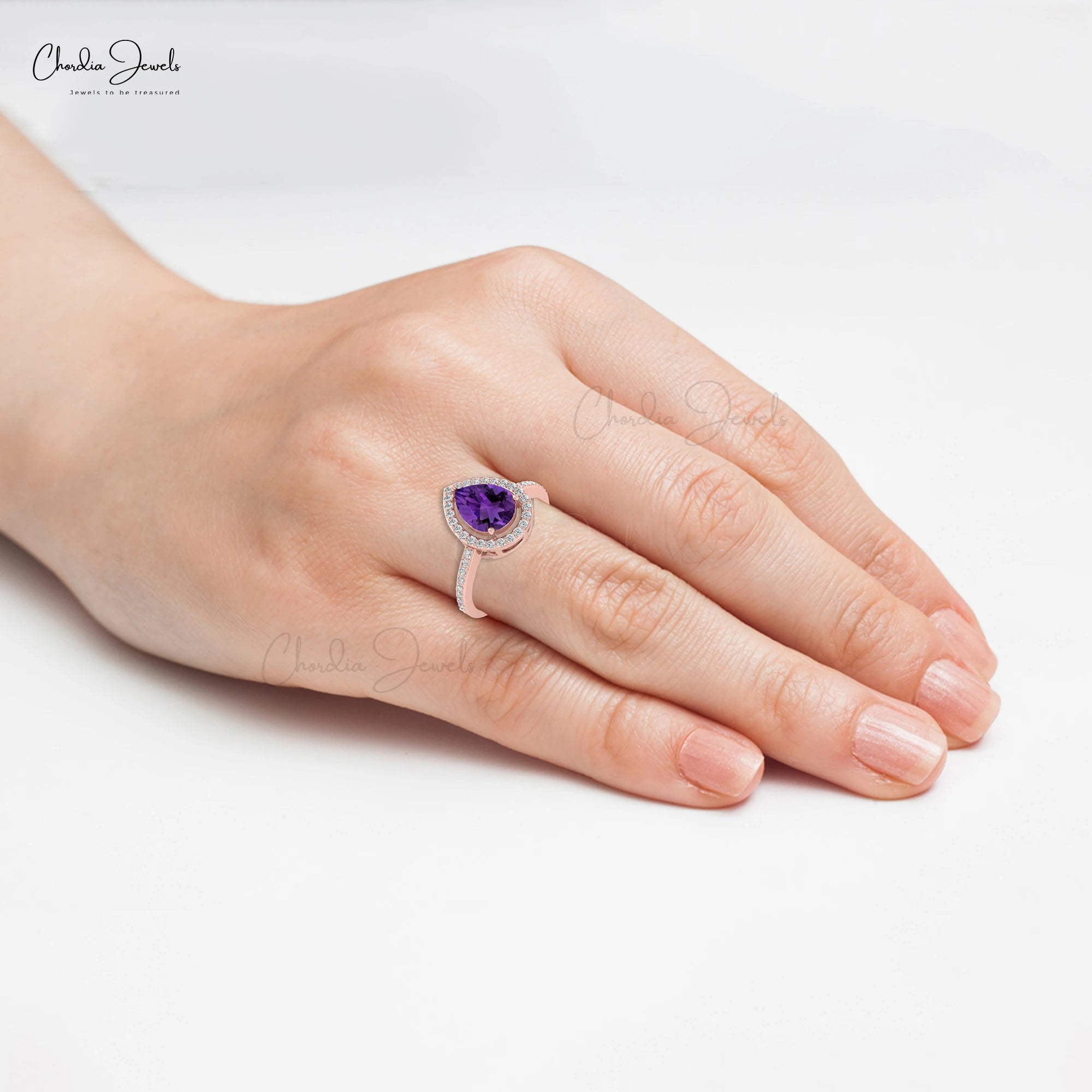 Trending Products 14k Fine Rose Gold Natural 8x6mm Pear Cut African Amethyst & 1mm G-H Diamond Halo Ring Top Wholesale Suppliers TAVEN System LLC