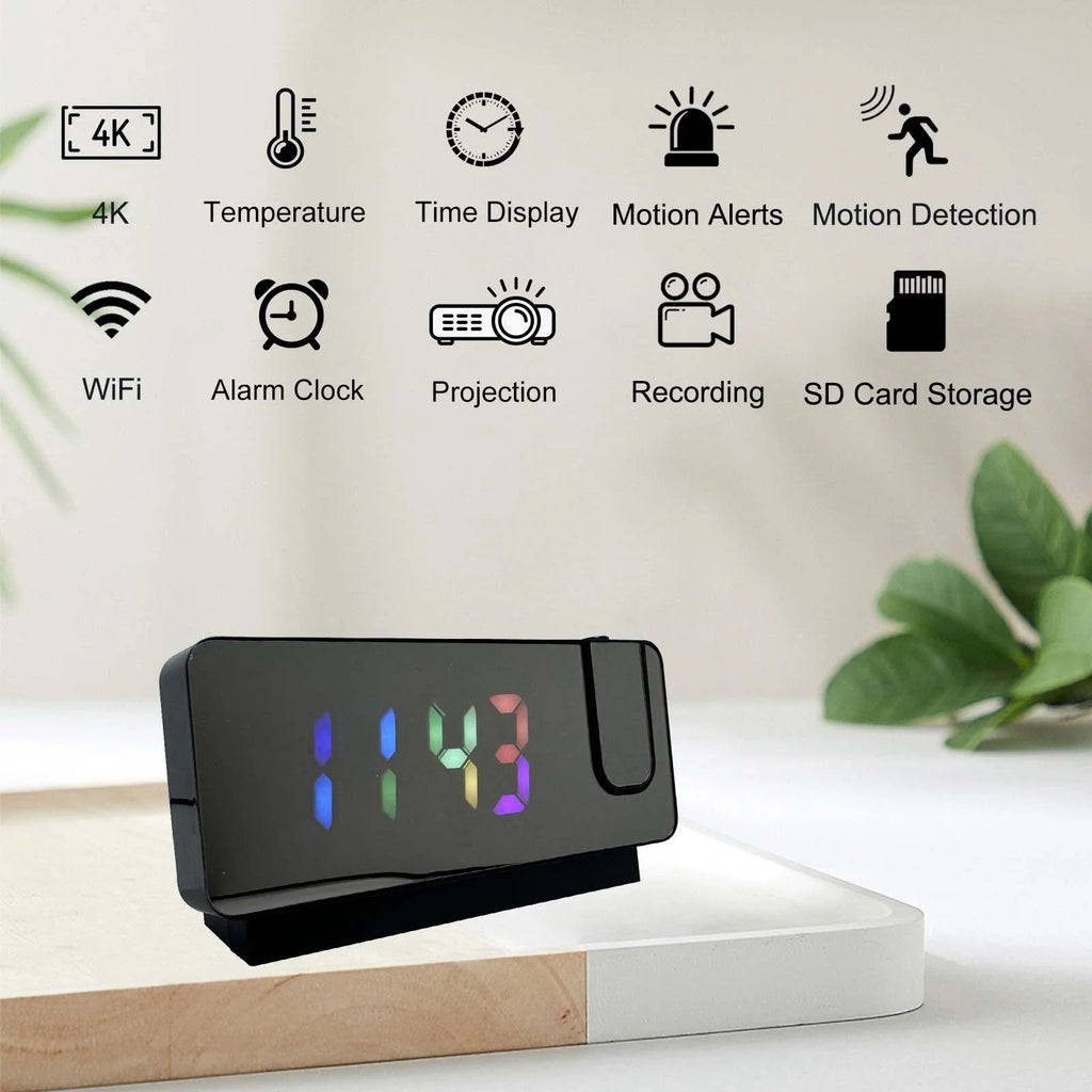 4K Ultra HD Projection Alarm Clock Camera with Wi-Fi, Motion Detection, Remote Viewing, Recording, Nanny Cam for Indoor Security TAVEN System LLC