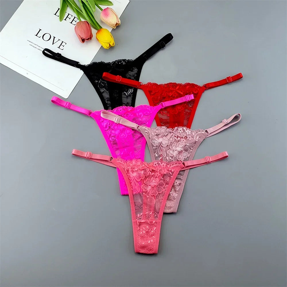 5PCS Free Shipping Seamless Women Thong Panties Adjust Belt Sexy Ice Silk G-string Lady Low Waist Lace Bikini T-back Plus Size TAVEN System LLC