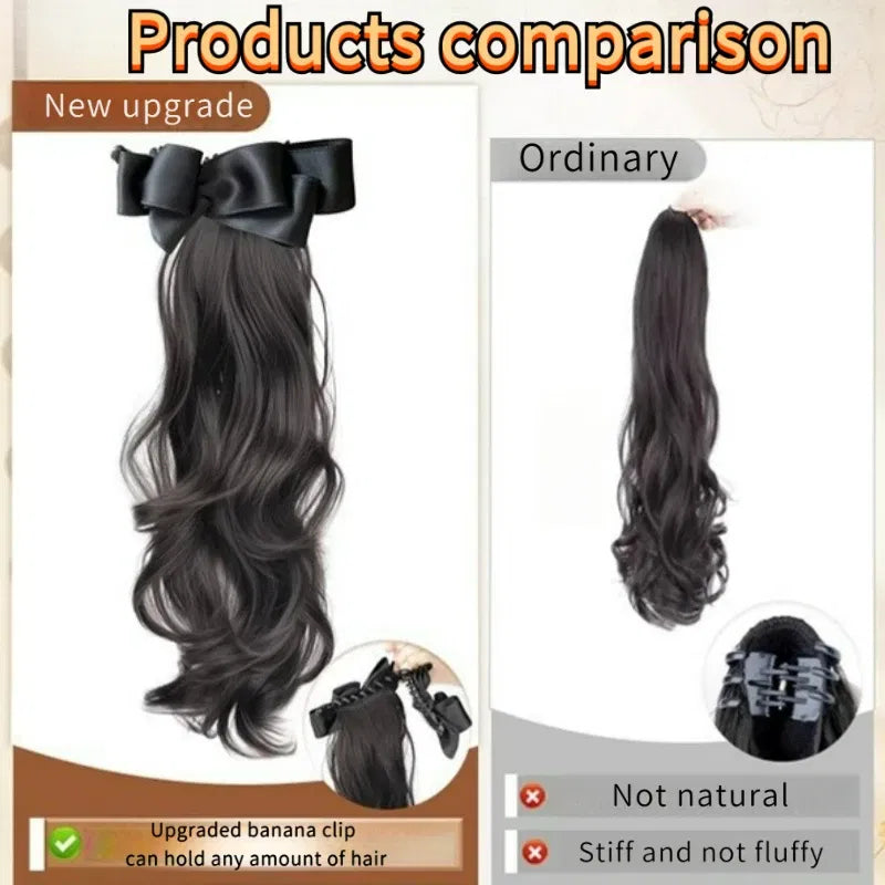 Color: #2, Stretched Length: 18inches - Elegant Synthetic Silk Bowknot Banana Claw Clip Ponytail Wig With Grab Clip Long Wavy Layered Ponytail for Women Daily Use Taven