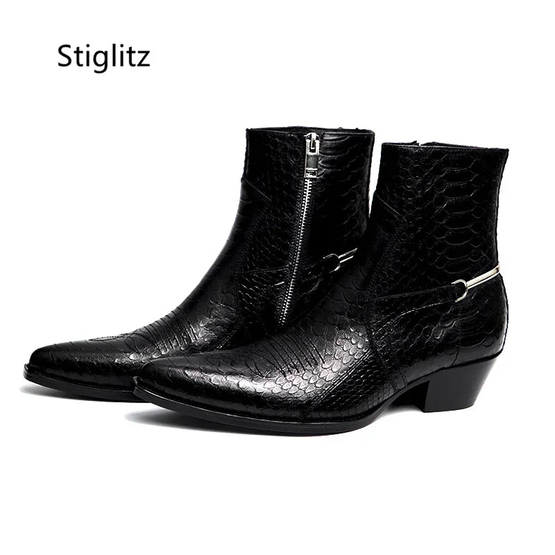 Genuine Leather Embroidery Men's Boots Pointy Chelsea Boots Snakeskin Metal Decor Chunky Heeled Ankle Boots Party Male Shoes TAVEN System LLC