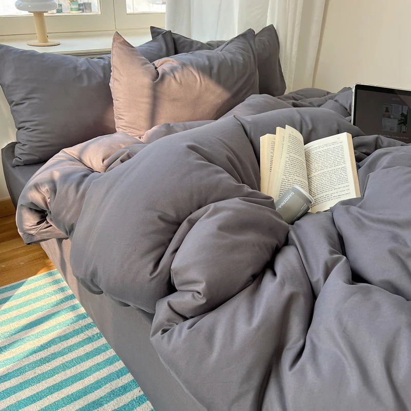 Cotton Bedding Set 4pcs with Solid Bed Sheet Duvet Cover Pillowcases Single Couple Bedsheet King Queen Double Twin Size TAVEN System LLC