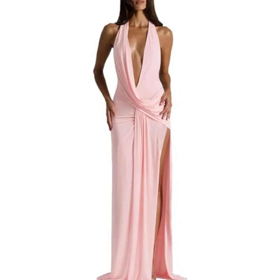 Women Deep V Neck Halter Maxi Dress Backless Ruched High Split Cocktail Party Formal Prom Gown Wedding Guest Dress TAVEN System LLC