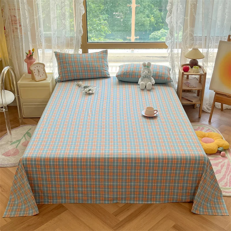 Japanese Style 100% Cotton Plaid Bed Sheet Soft Skin Friendly Flat Sheet or Sheet and Pillowcases Set Queen King Size Bedspreads TAVEN System LLC