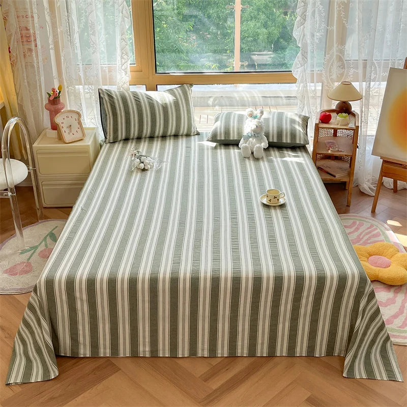 Japanese Style 100% Cotton Plaid Bed Sheet Soft Skin Friendly Flat Sheet or Sheet and Pillowcases Set Queen King Size Bedspreads TAVEN System LLC