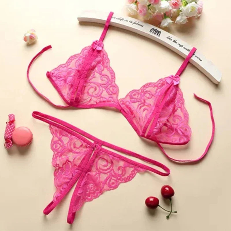 Sexy Lace-up Lingerie Set Women Hot Exotic Open Crotch Transparent Underwear G-string Bandage Bikini Three-point Set TAVEN System LLC