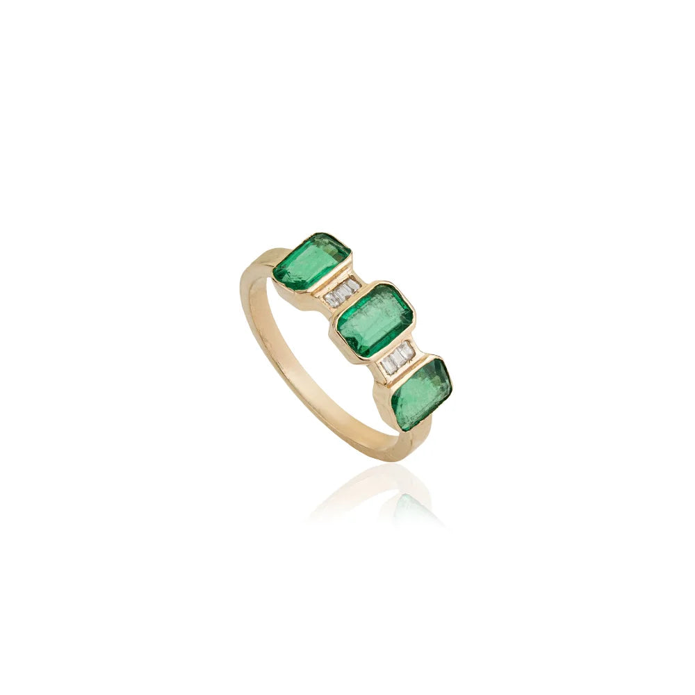 Best Trending Products 14K Real Yellow Gold Natural Emerald & Diamond Stacking Three Stone Ring Factory Wholesale Price Jewelry TAVEN System LLC