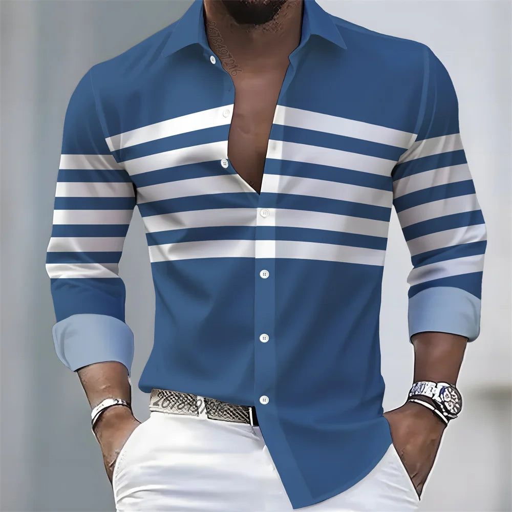 Men Striped Long Sleeve Slim Fit Casual Lapel Shirt TAVEN System LLC