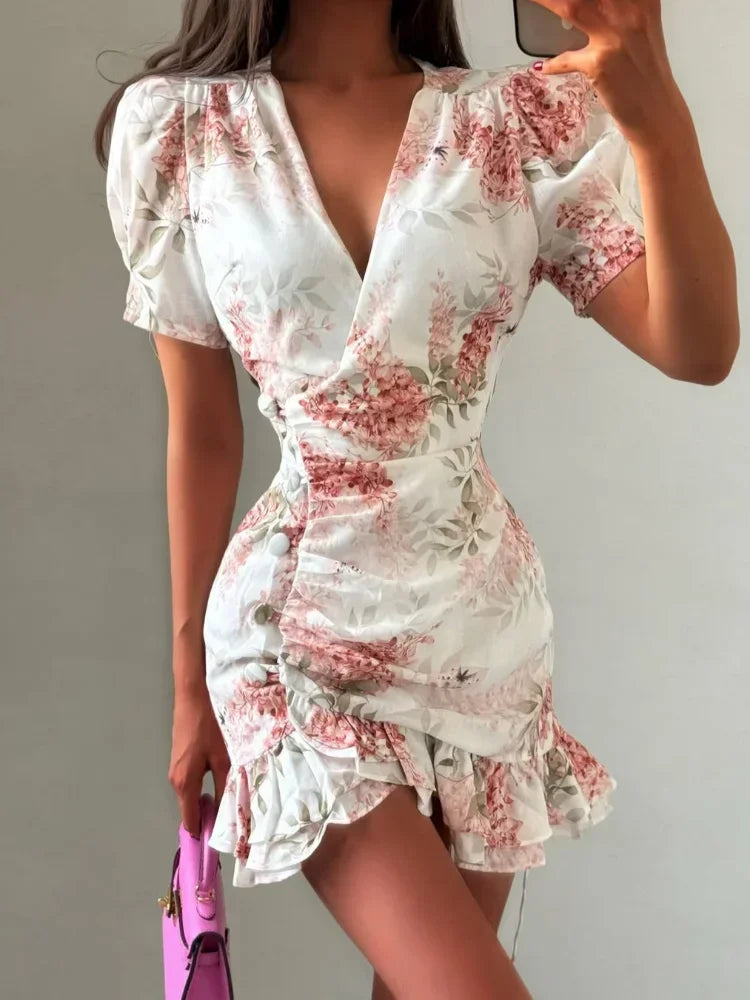 Women Elegant Printed Short Dress Chic V-neck Short Sleeve A-line Bodycon Mini Dresses 2026 Lady New Summer Vacation Street Robe TAVEN System LLC