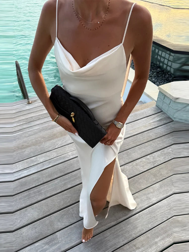 Women Satin V Neck Backless Maxi Dress High Split Beach Vacation Dress TAVEN System LLC