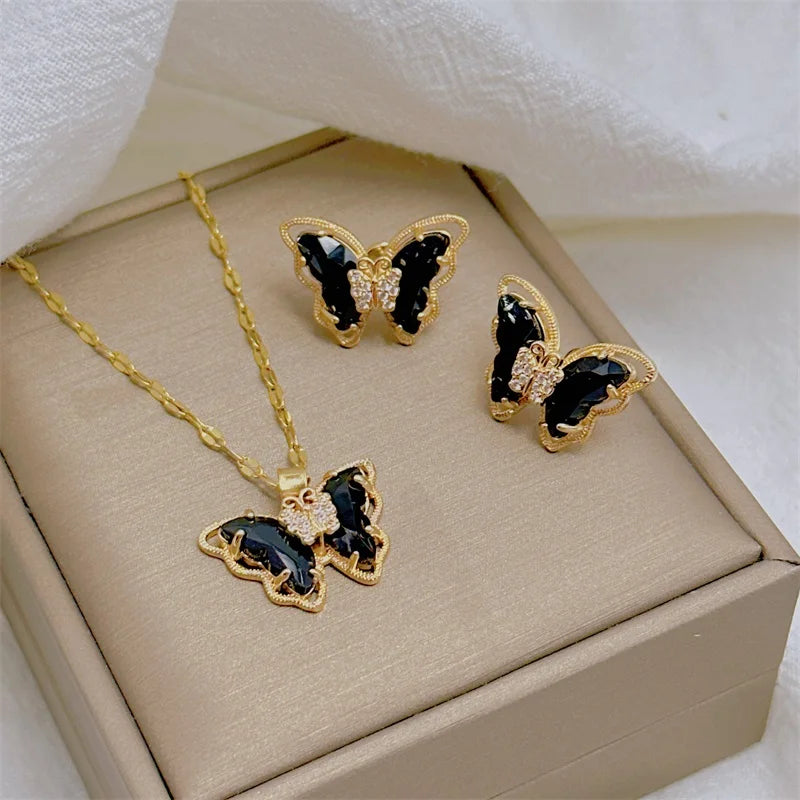 Fashion European and American Cute Micro-inlaid Butterfly Necklace Earrings Set Classic Light Luxury Transparent Stainless Steel TAVEN System LLC