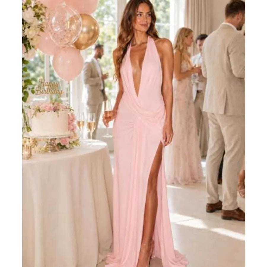 Women Deep V Neck Halter Maxi Dress Backless Ruched High Split Cocktail Party Formal Prom Gown Wedding Guest Dress TAVEN System LLC