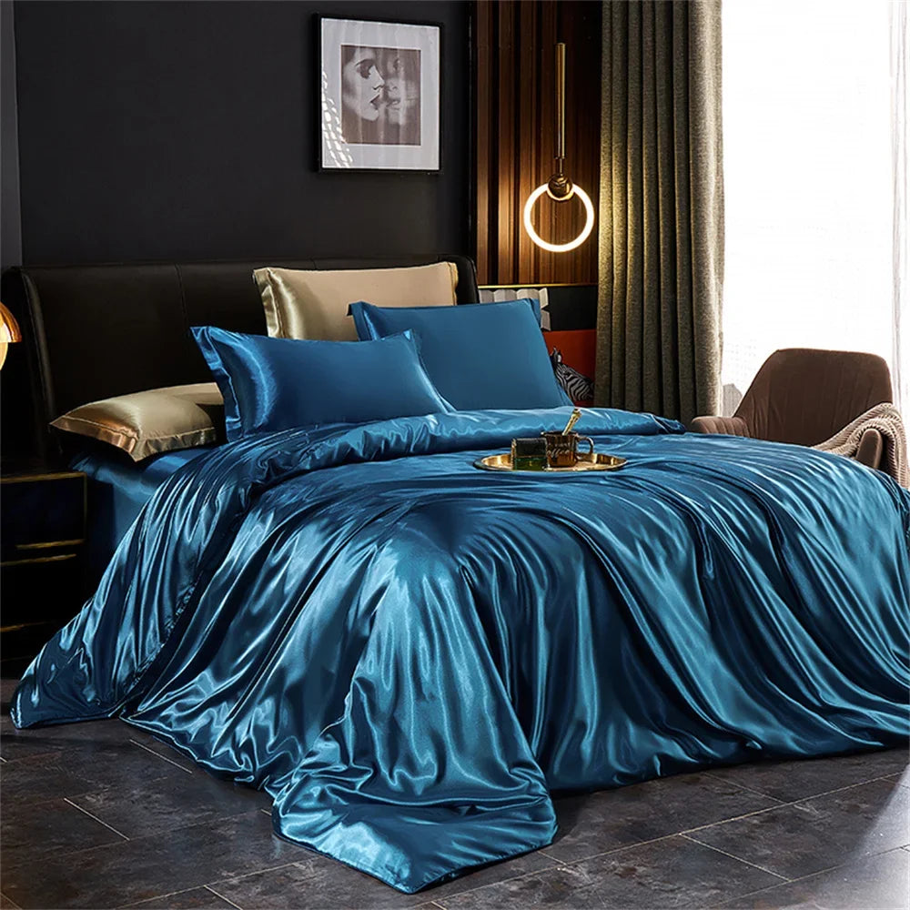 Solid Silk Bedding Set with Duvet Cover Bed Sheet Pillowcases Luxury Satin Single Double Bedsheet King Queen Twin Size TAVEN System LLC