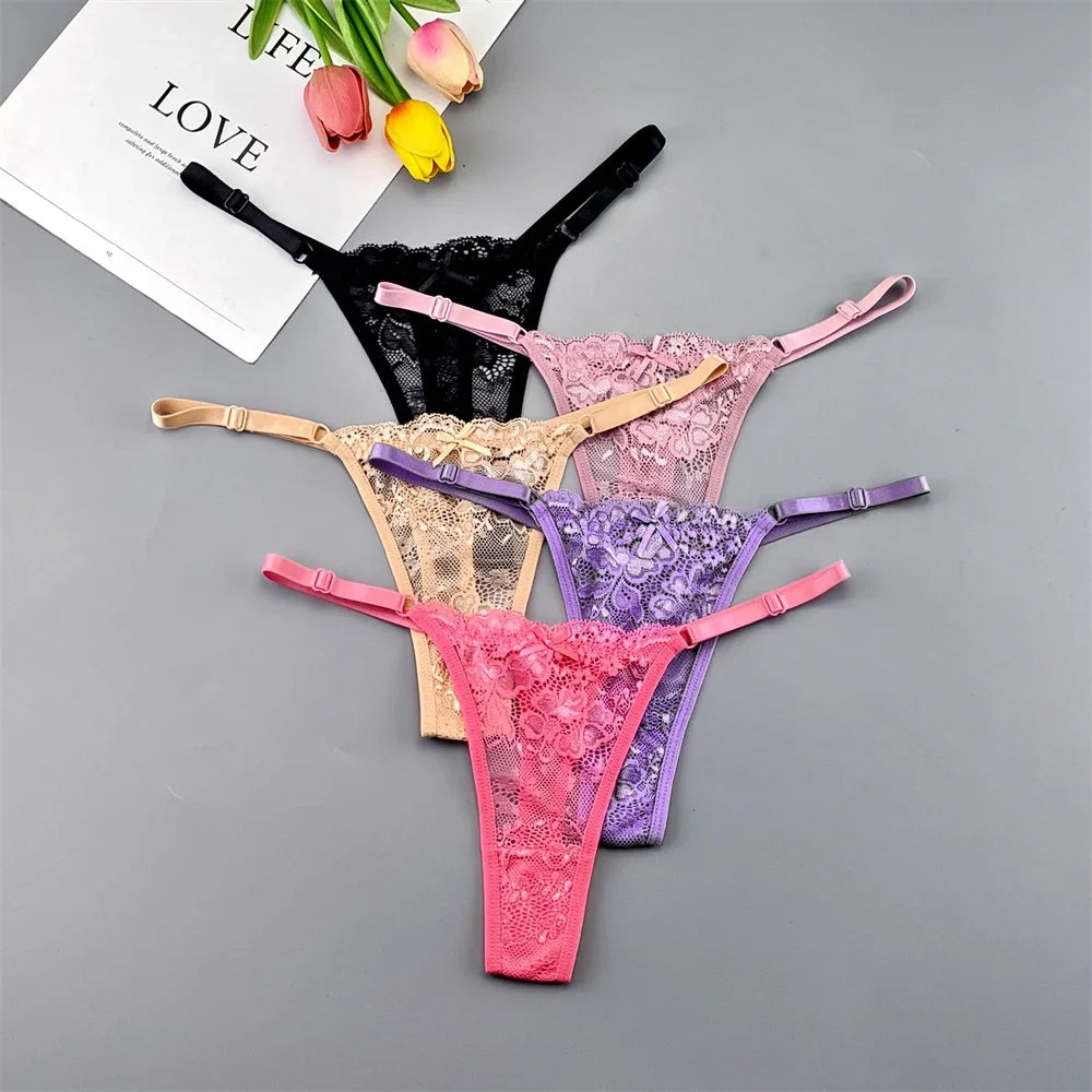 5PCS Free Shipping Seamless Women Thong Panties Adjust Belt Sexy Ice Silk G-string Lady Low Waist Lace Bikini T-back Plus Size TAVEN System LLC
