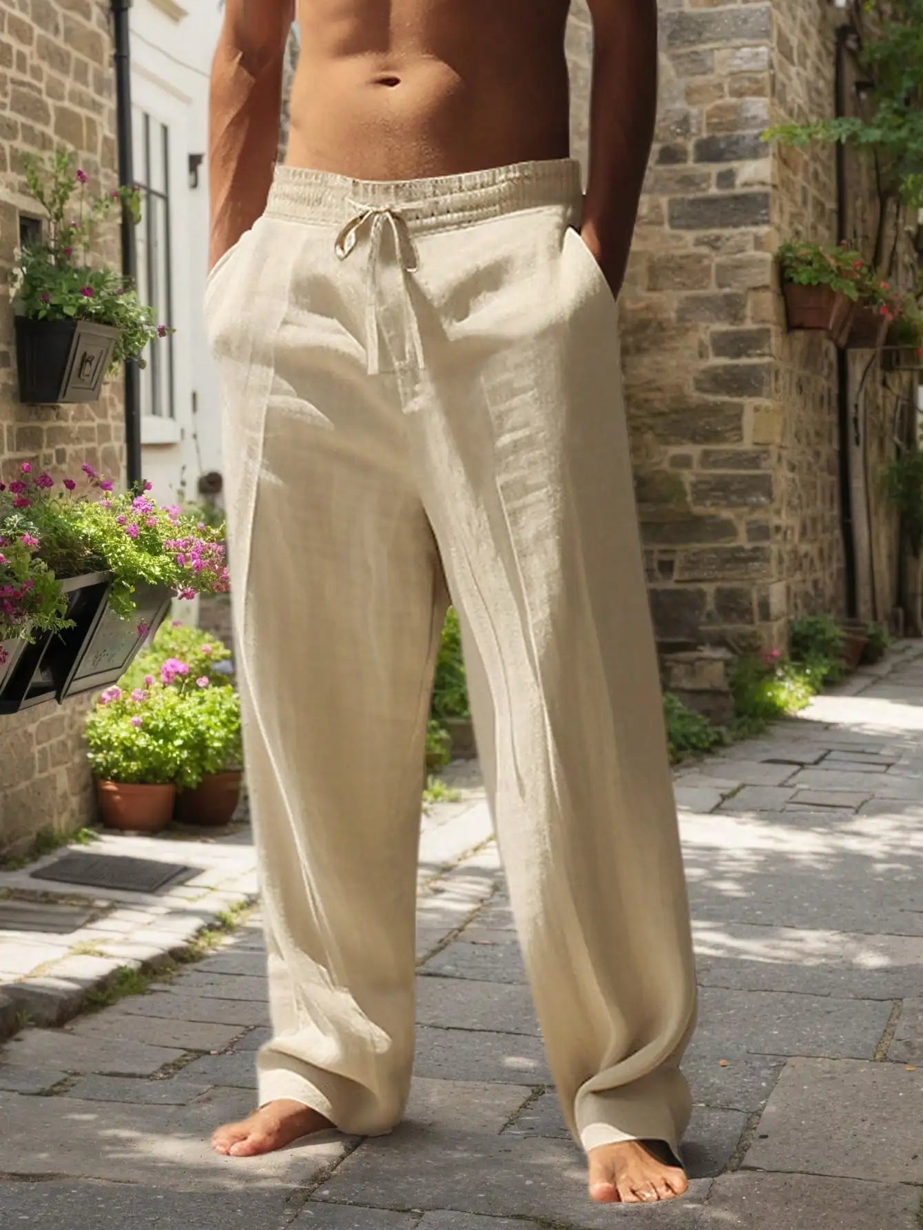 Men's Linen Wide Leg Pants Loose Fit Breathable Casual Trousers TAVEN System LLC