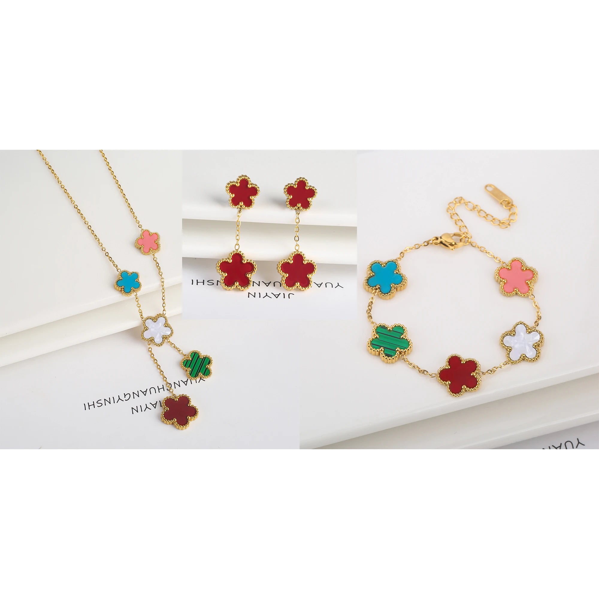 3Pcs 18k Gold-Plated Five-Leaf Flower Necklace Earrings Bracelet Jewelry Set for Woman Fashion Party Jewelry Daily Wear Clover TAVEN System LLC