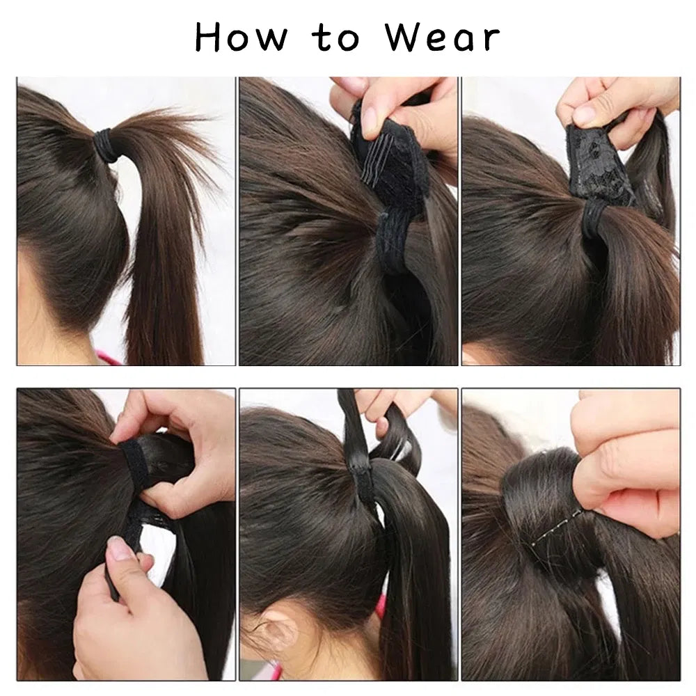 Color: T1B/350, Stretched Length: 34inches - AZQUEEN Straight Synthetic Hairpiece With Ponytail 85cm Super Long Wrap Around Clip In Hair Extensions Pony Tail For Daily Wear Taven