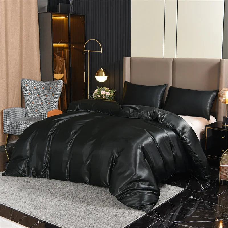 3pcs Satin Duvet Cover Set Bedding Sets Queen Black  Series Luxury Rich Silk Silky Soft Solid   Sexy Honeymoon Wrinkle Free TAVEN System LLC