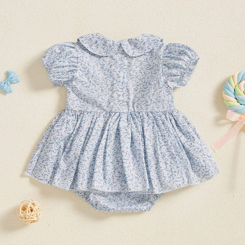 Baby Girl Floral Romper Dress with Bow Embroidery Summer Outfit