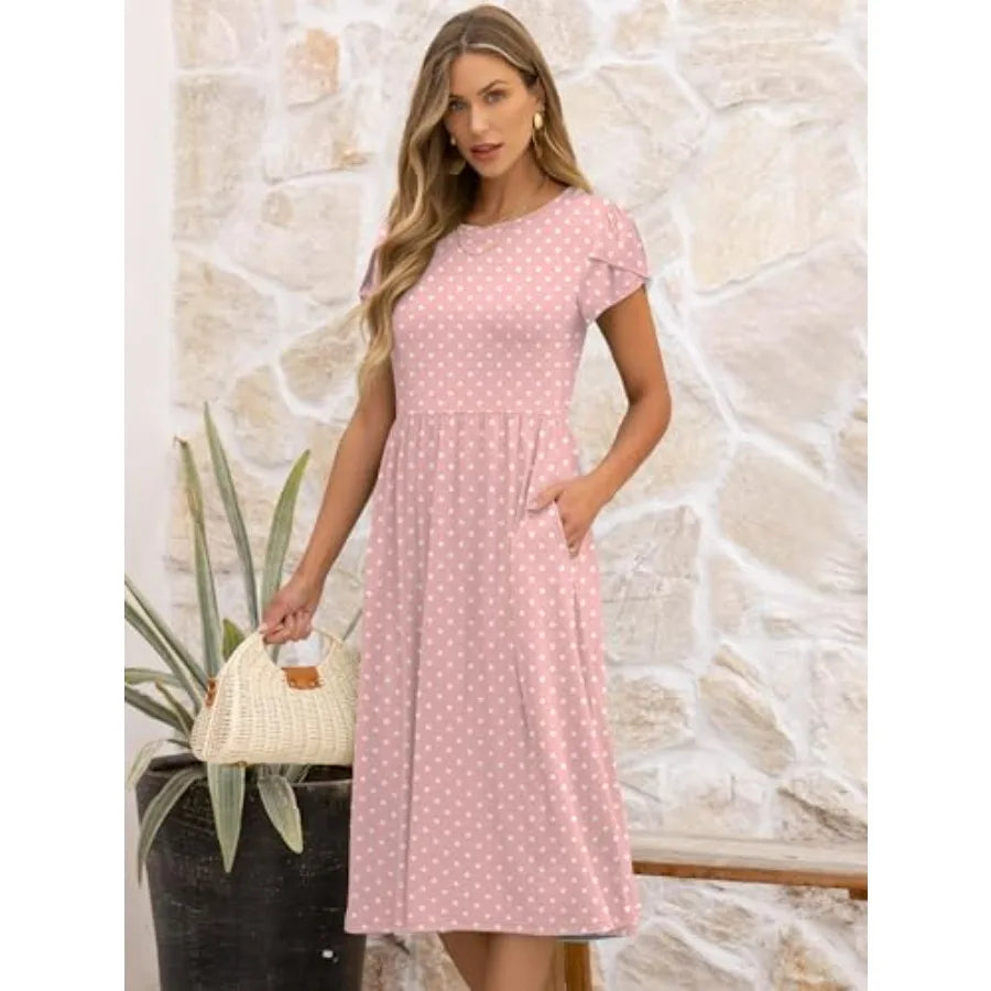 Women A-Line Midi Dress Casual Short Sleeve Summer Pockets Sundress