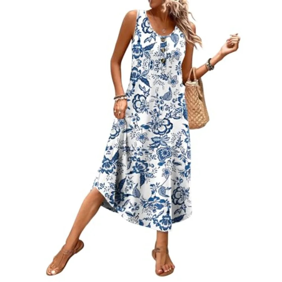 Women Sleeveless Floral Midi Dress Beach Casual Vacation Sundress