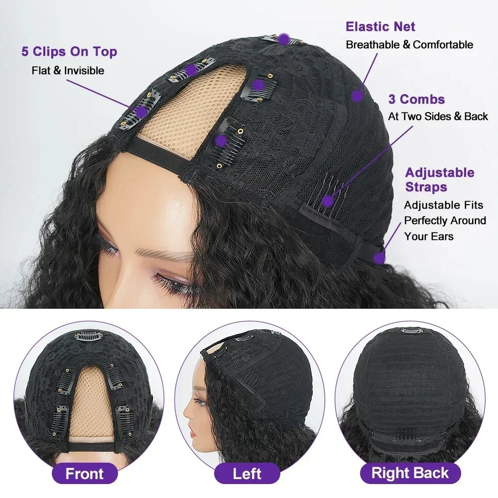 Afro Kinky Straight V Part Synthetic Glueless Wig for Women