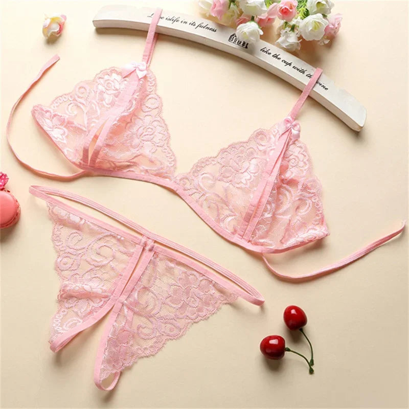 Sexy Lace-up Lingerie Set Women Hot Exotic Open Crotch Transparent Underwear G-string Bandage Bikini Three-point Set TAVEN System LLC