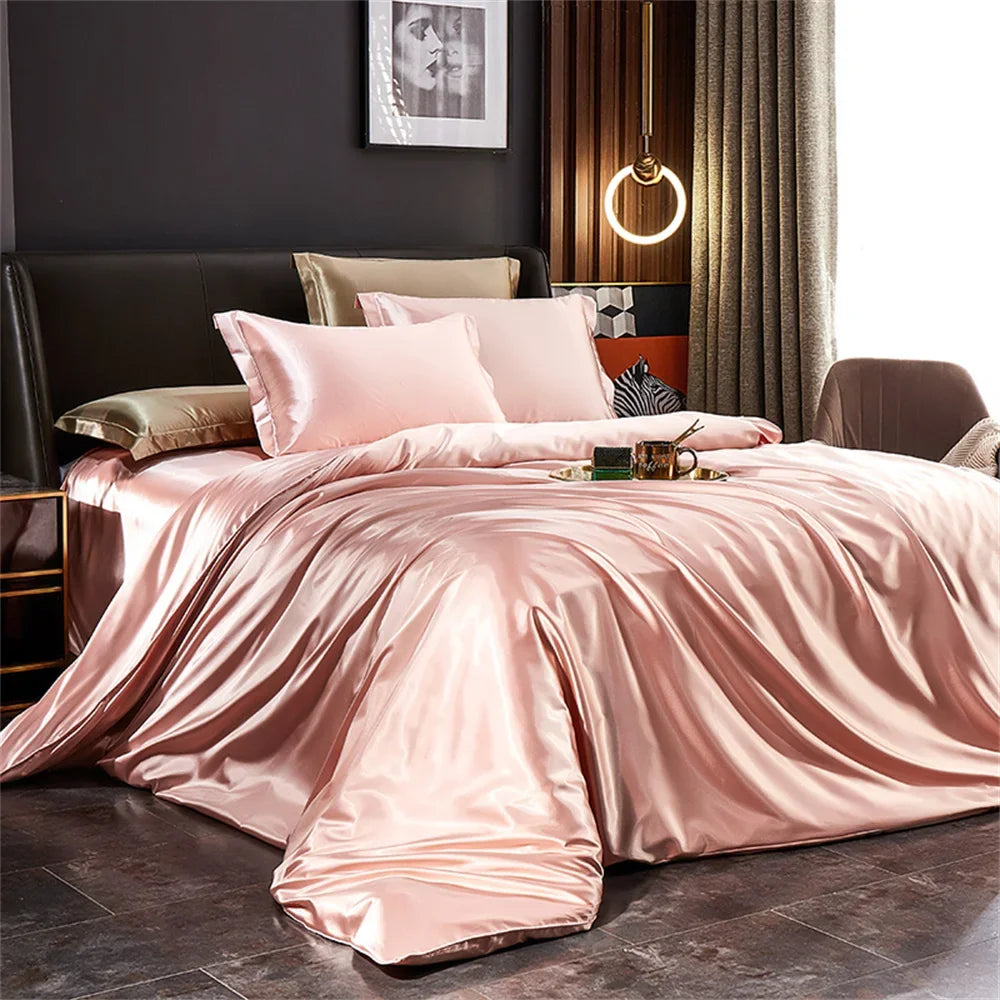 Solid Silk Bedding Set with Duvet Cover Bed Sheet Pillowcases Luxury Satin Single Double Bedsheet King Queen Twin Size TAVEN System LLC
