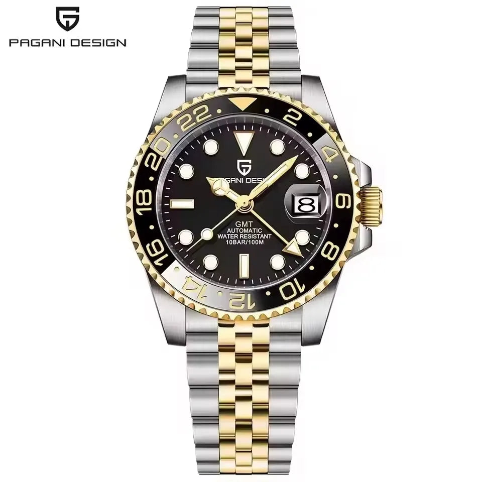 PAGANI DESIGN 40MM Black Gray Dual Tone Automatic Mechanical GMT WATCH Sapphire Glass Stainle Steel Sports luminous Watches men - TAVEN System LLC