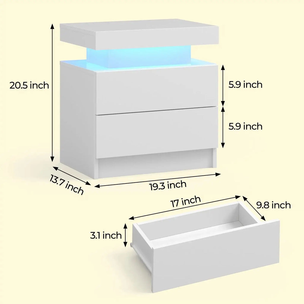 RGB Bedside White Table With 2 Drawers Cubehom LED Nightstand TAVEN System LLC