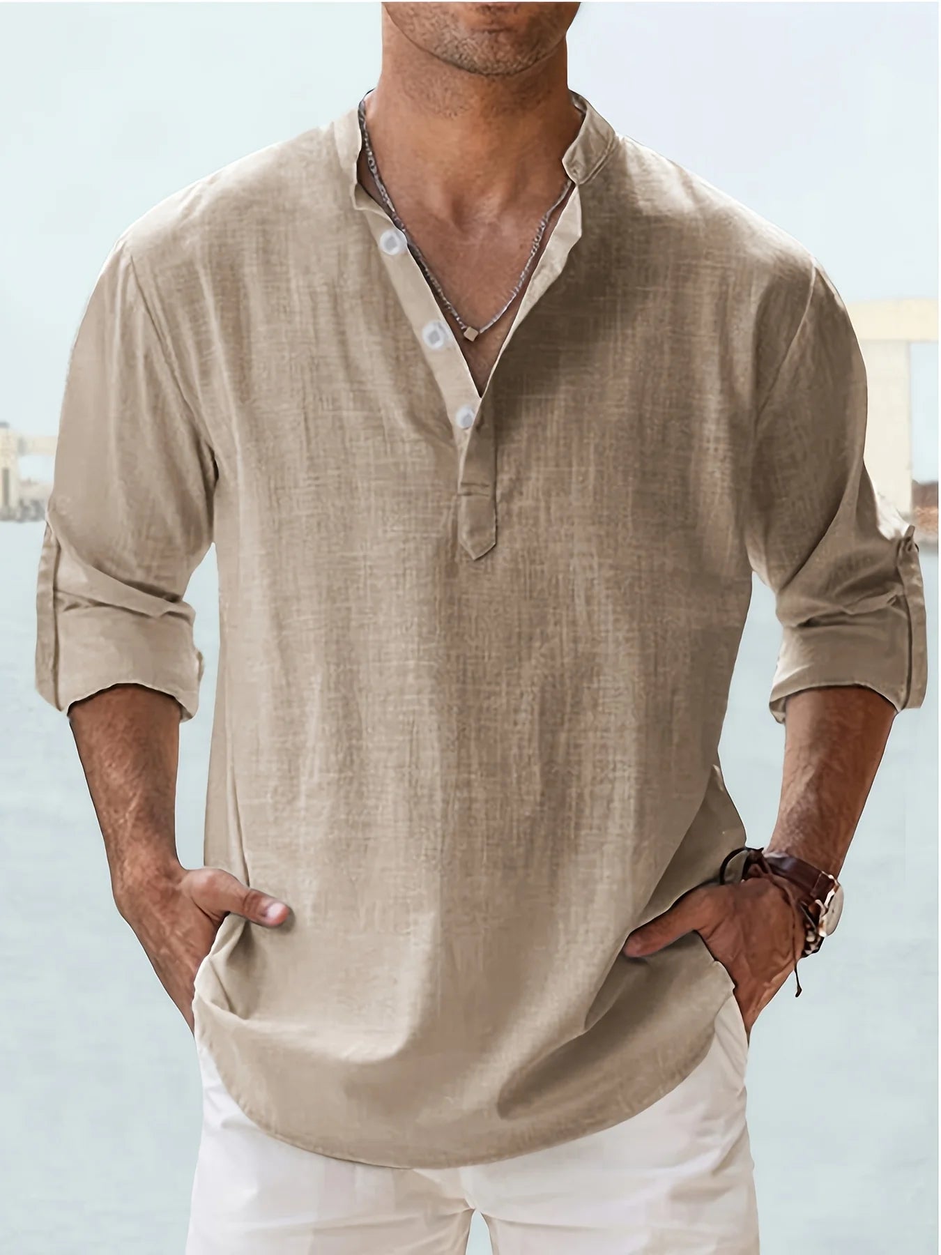 Men's Linen Stand Collar Long Sleeve Casual Cotton Shirt TAVEN System LLC